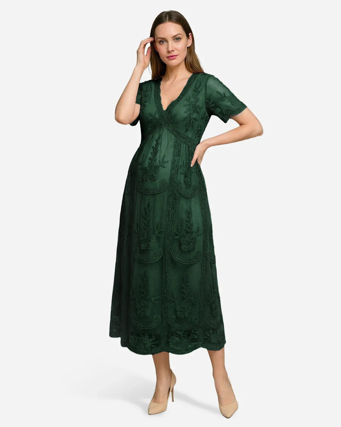 Maternity midi dress in dark green lace with V-neck, three-quarter sleeves, and swing skirt.