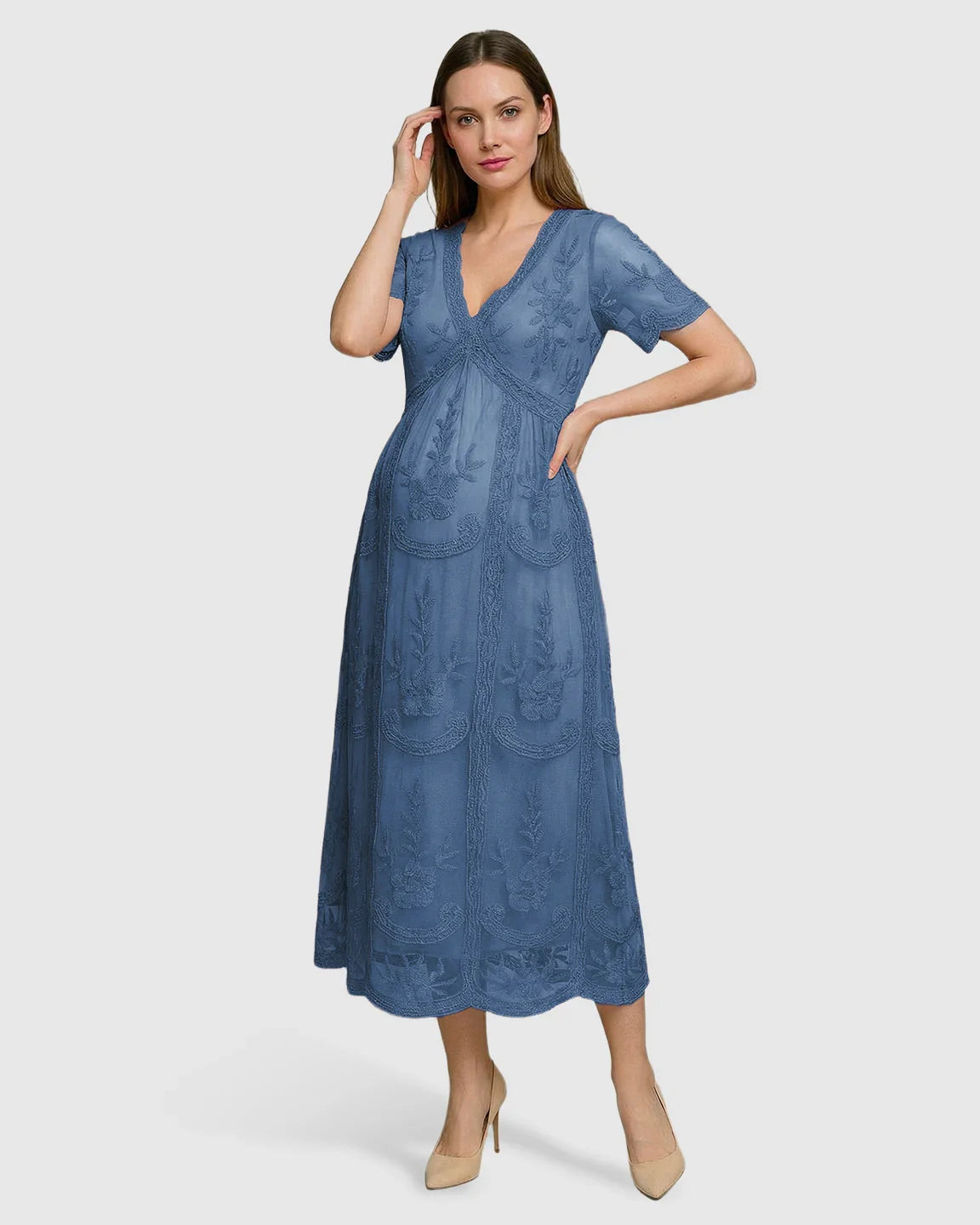 Blue lace maternity midi dress with V-neck, three-quarter sleeves, and swing skirt.