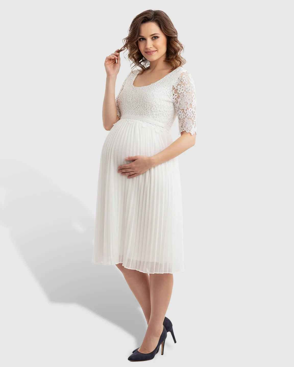 Bump Society – The Comfort Collection: Lace Bodice Pleated Maternity Midi Dress