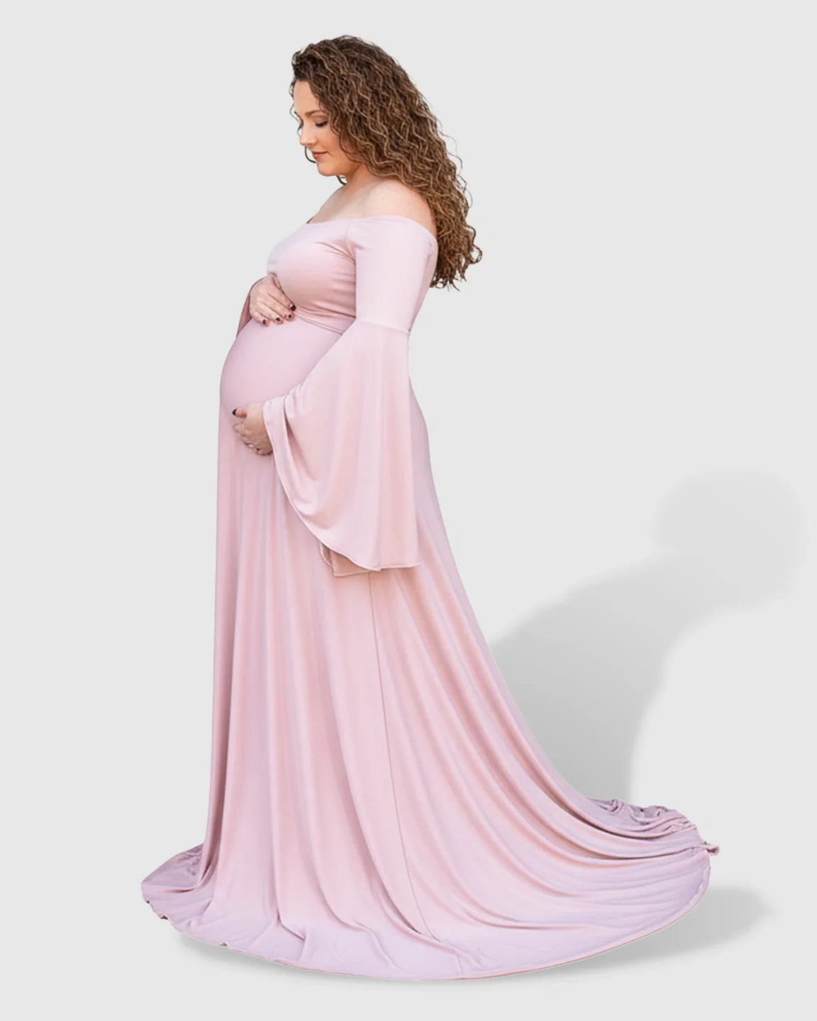 Bump Society – The Comfort Collection: Off-Shoulder Bell Sleeve Boho Maternity Photoshoot Maxi Dress