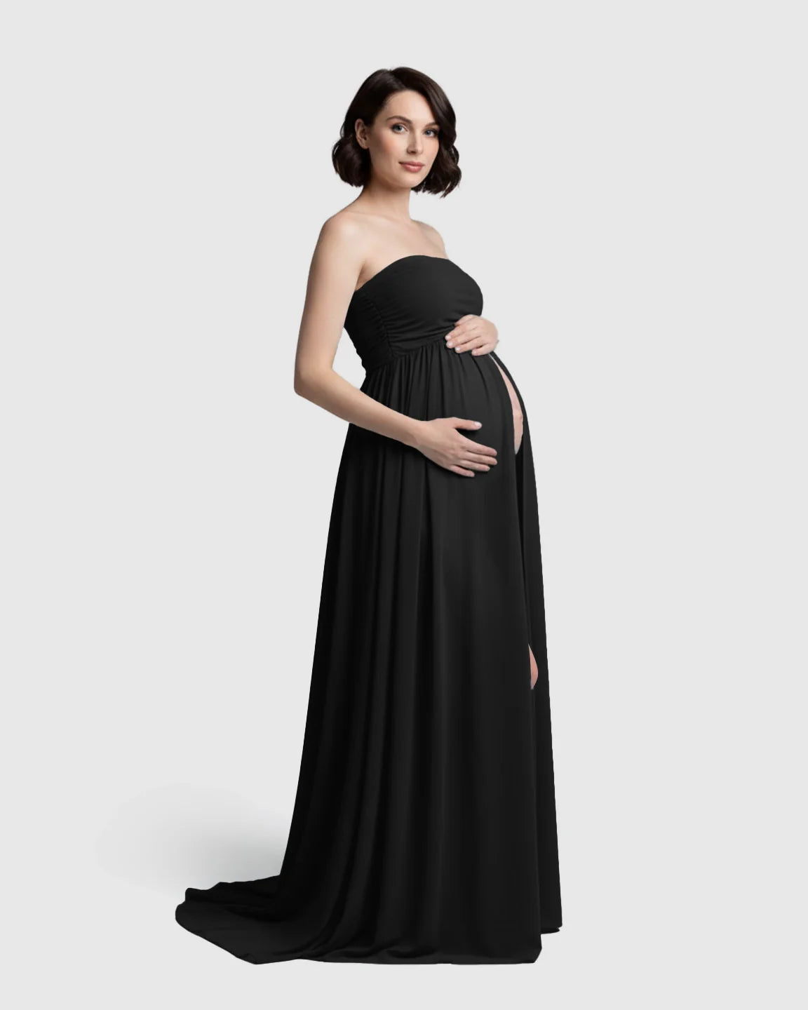 Bump Society – The Comfort Collection: Strapless Ruched Front Slit Maternity Photoshoot Dress