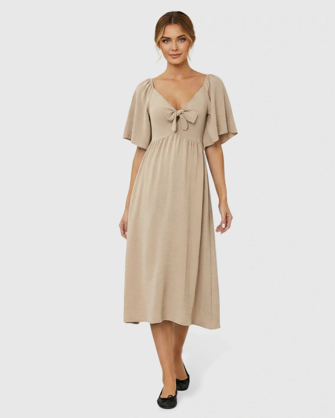 Bump Society – The Comfort Collection: Tie-Knot Front Swing Silhouette Maternity Midi Dress