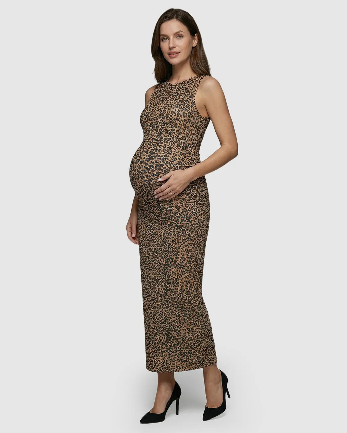 Bump Society – The Comfort Collection: Leopard Print Bodycon Maternity Maxi Dress