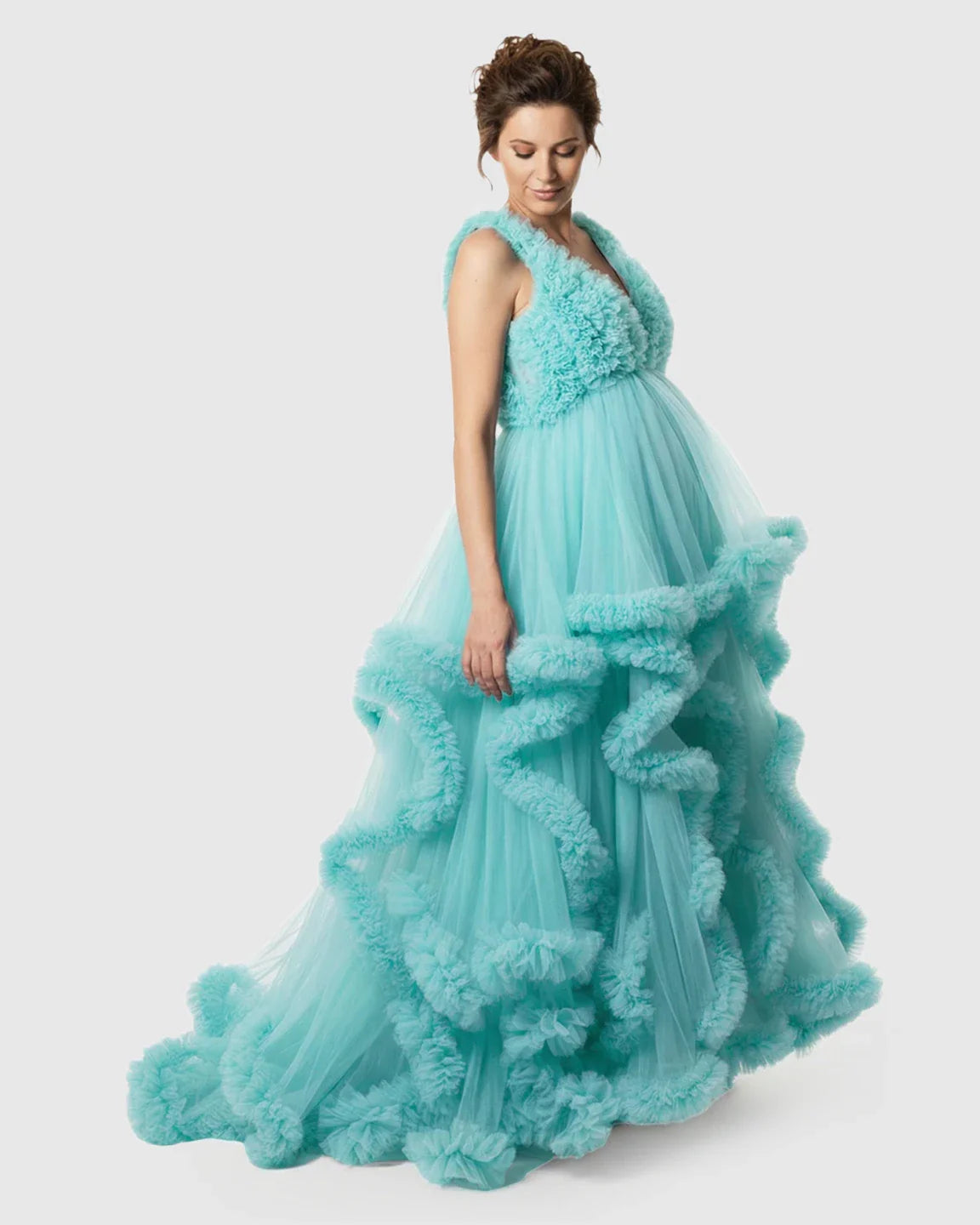 Bump Society – The Comfort Collection: Ruffled Bodice Multi-Layer Mesh Pleats Maternity Gown