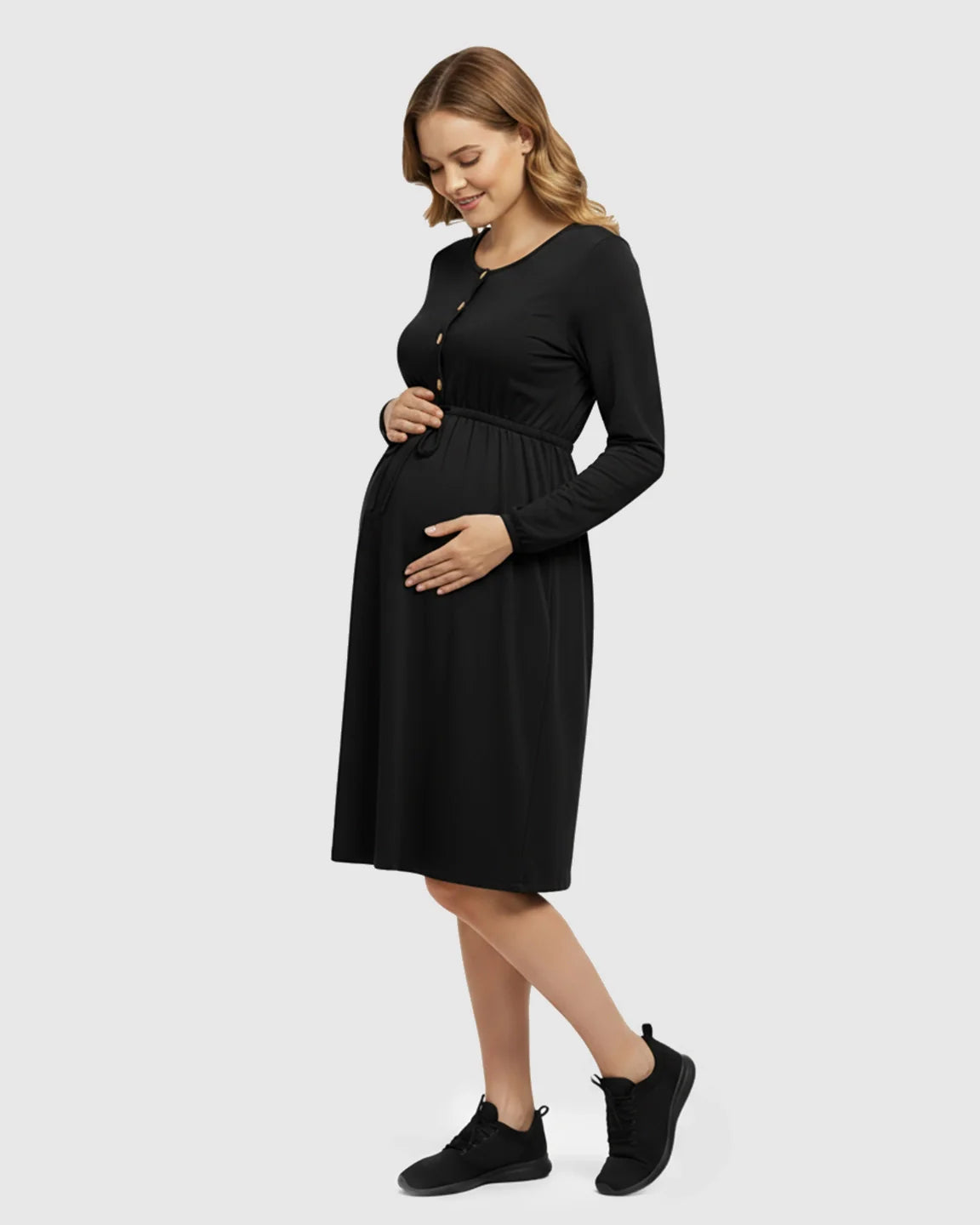 Bump Society – The Comfort Collection: Button-Front Drawstring Waist Maternity Dress