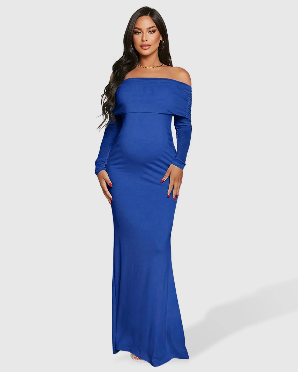 Blue off-shoulder draped neck mermaid fit maternity maxi dress in polyester stretch.