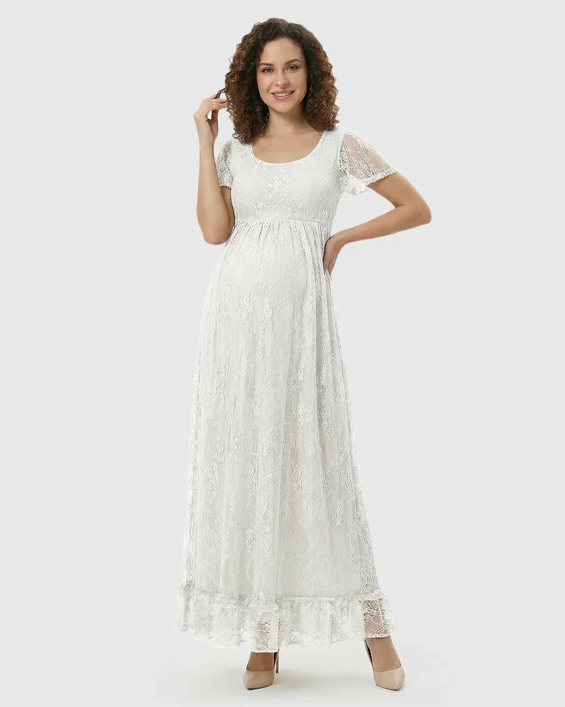 Bump Society – The Comfort Collection: Ruffled Hem Floral Lace Maternity Photoshoot Dress