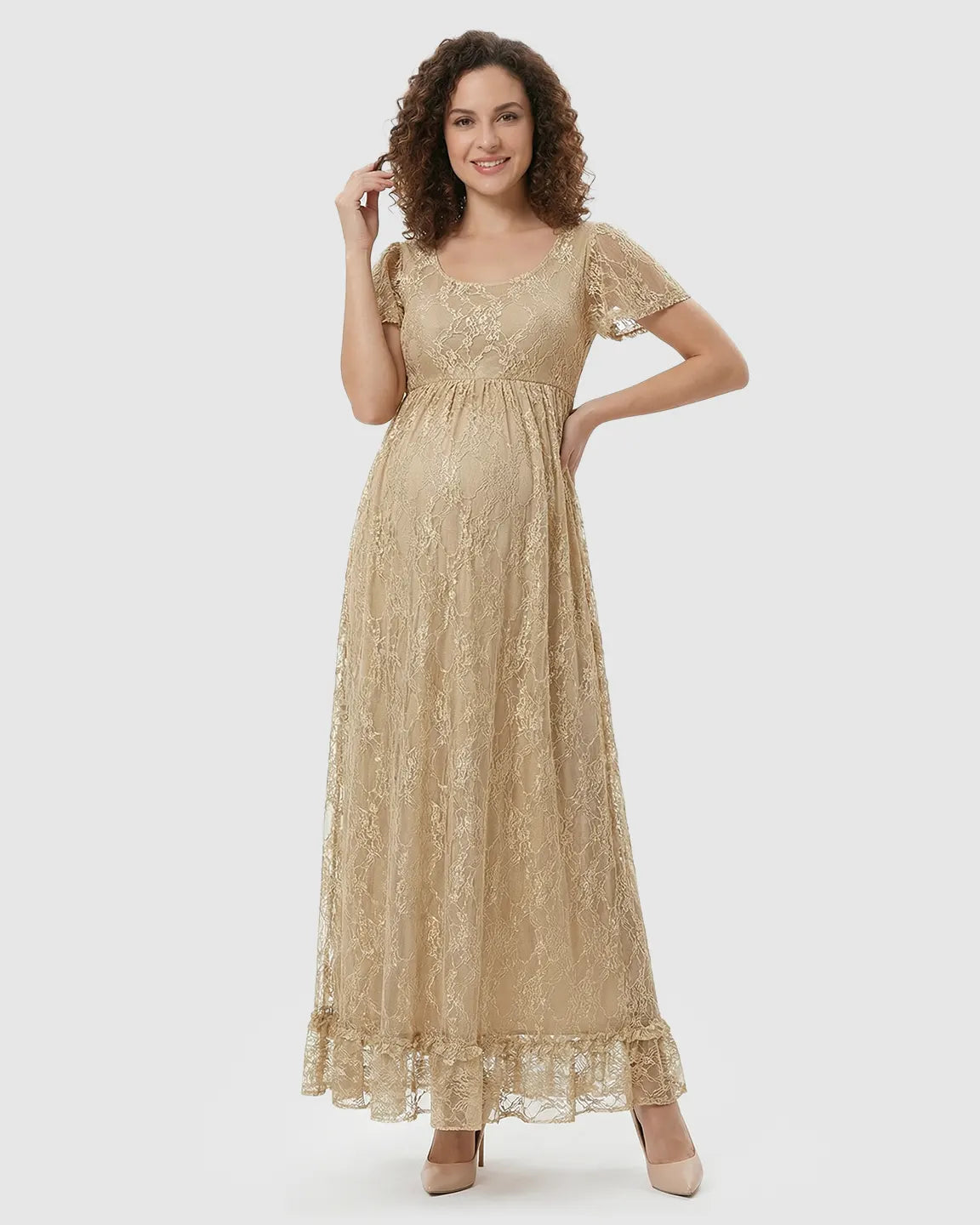 Bump Society – The Comfort Collection: Ruffled Hem Floral Lace Maternity Photoshoot Dress