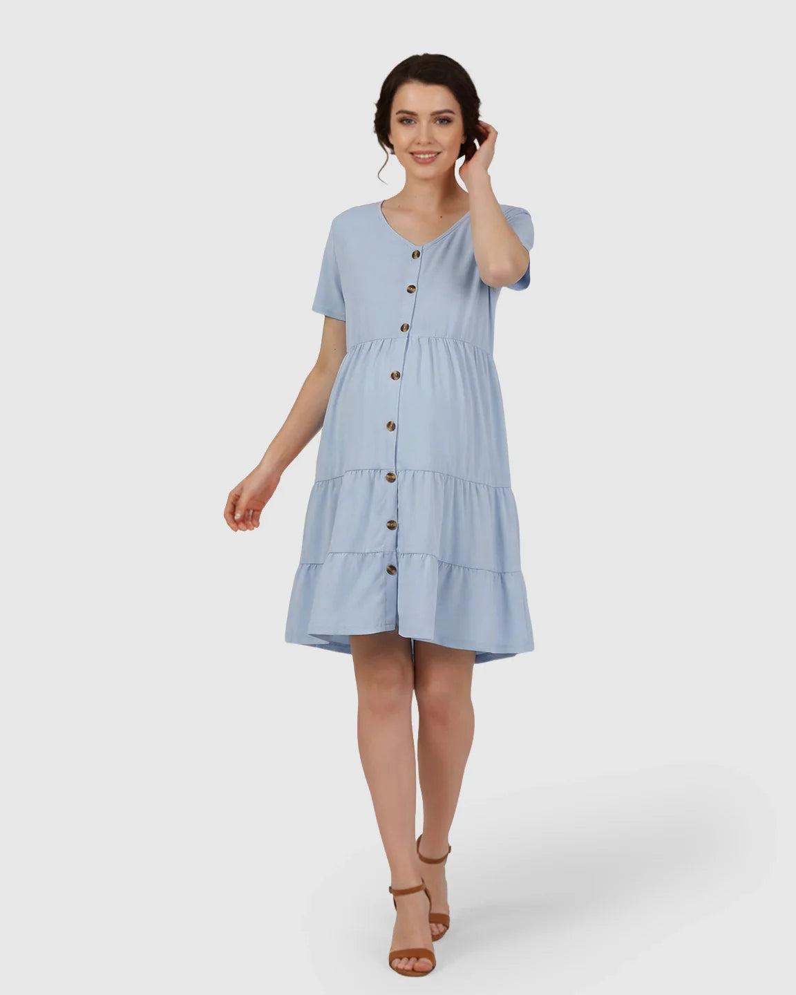 Bump Society – The Comfort Collection: Button Up Tiered Maternity Mini Dress