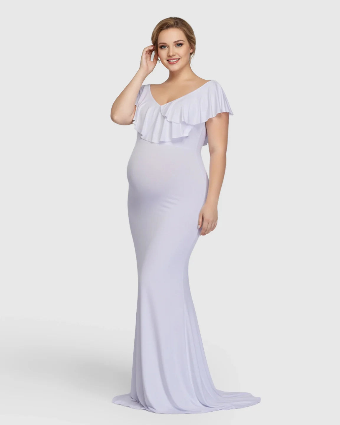 Bump Society – The Comfort Collection: Off-Shoulder Ruffled Bodycon Maternity Maxi Dress