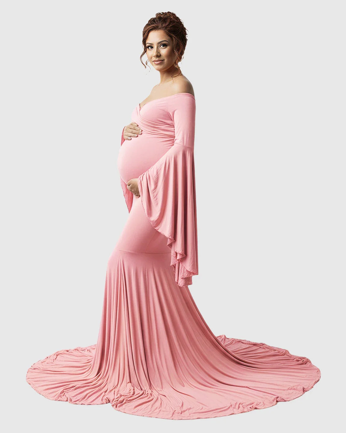 Bump Society – The Comfort Collection: Flared Sleeve Fishtail Train Maternity Photoshoot Dress