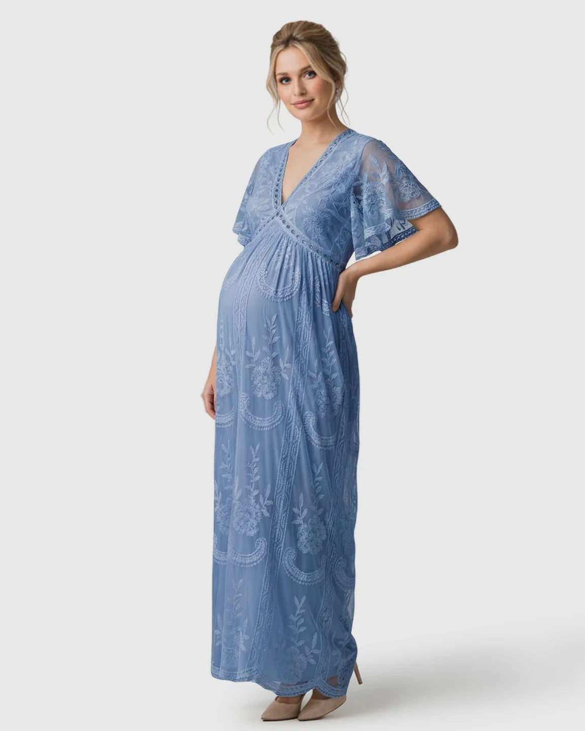 Bump Society – The Comfort Collection: Sheer-Lace Romantic Maternity Maxi Dress