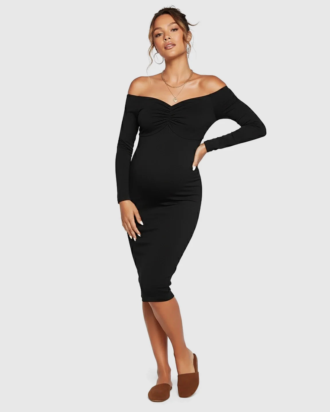 Bump Society – The Comfort Collection: Off-Shoulder Bodycon Maternity Midi Dress
