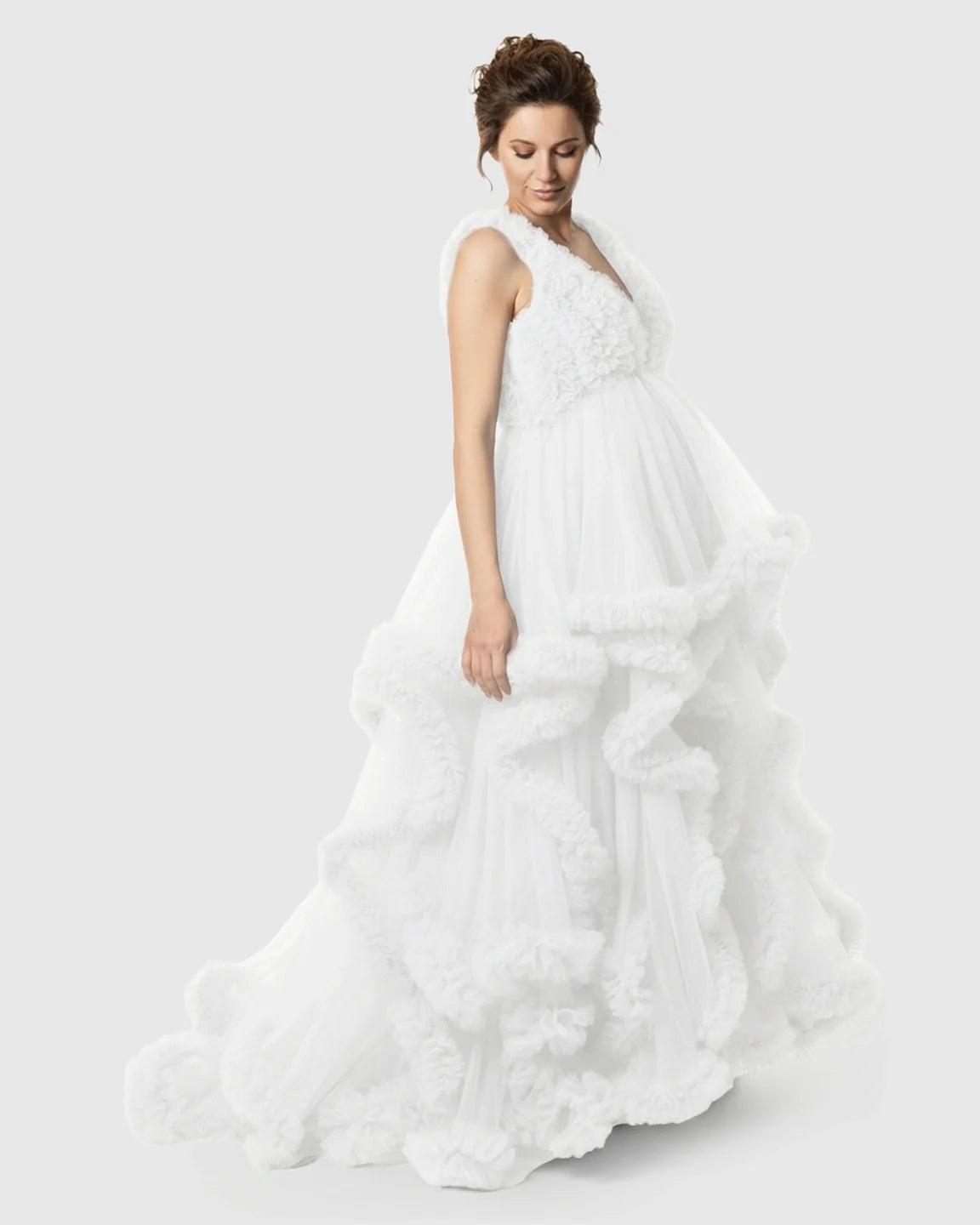 Bump Society – The Comfort Collection: Ruffled Bodice Multi-Layer Mesh Pleats Maternity Gown