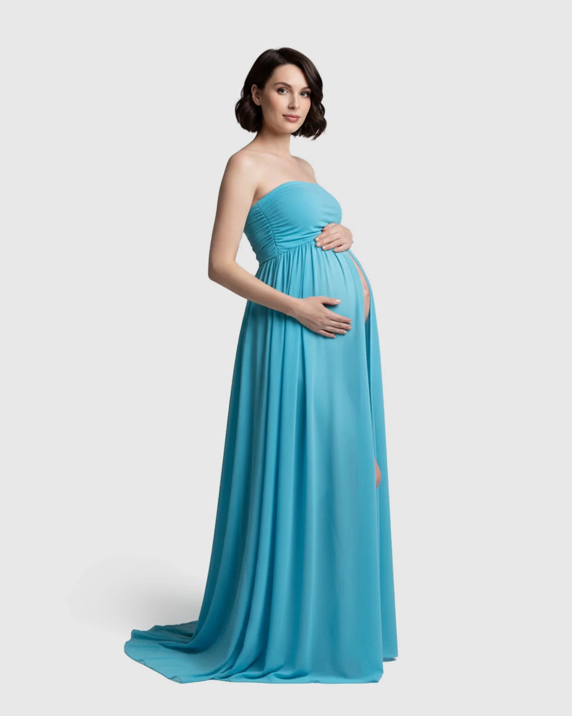 Bump Society – The Comfort Collection: Strapless Ruched Front Slit Maternity Photoshoot Dress