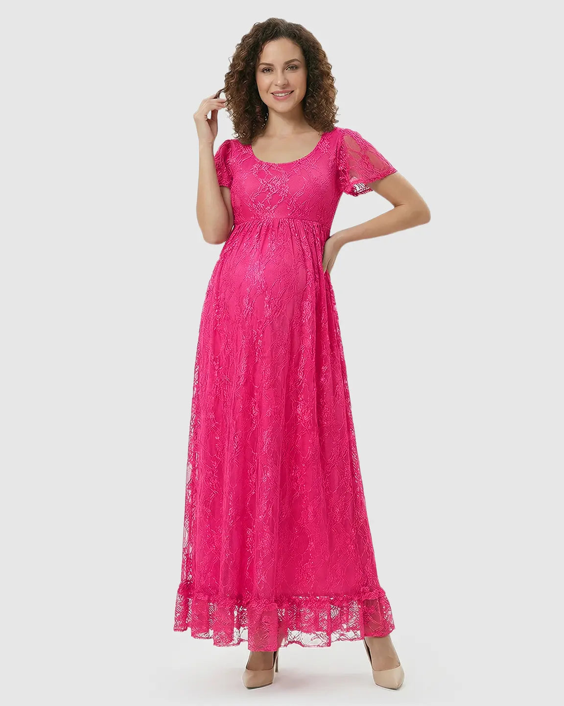 Bump Society – The Comfort Collection: Ruffled Hem Floral Lace Maternity Photoshoot Dress