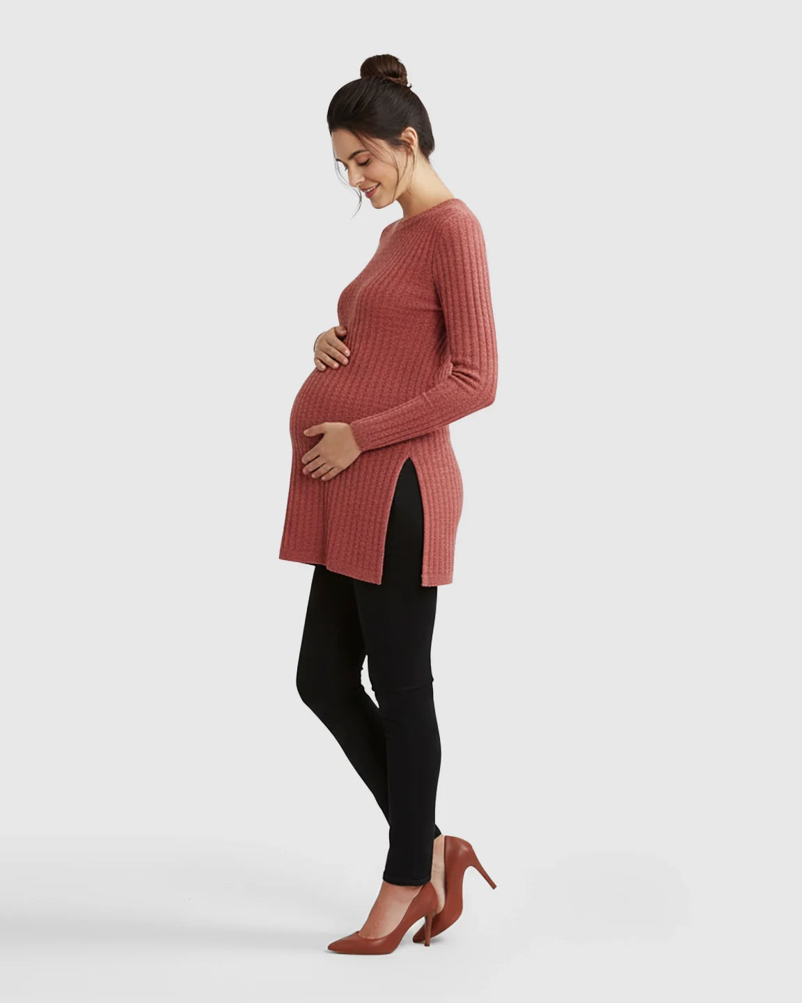 Bump Society – The Comfort Collection: Ribbed Knit Side-Slit Long Sleeve Maternity Top