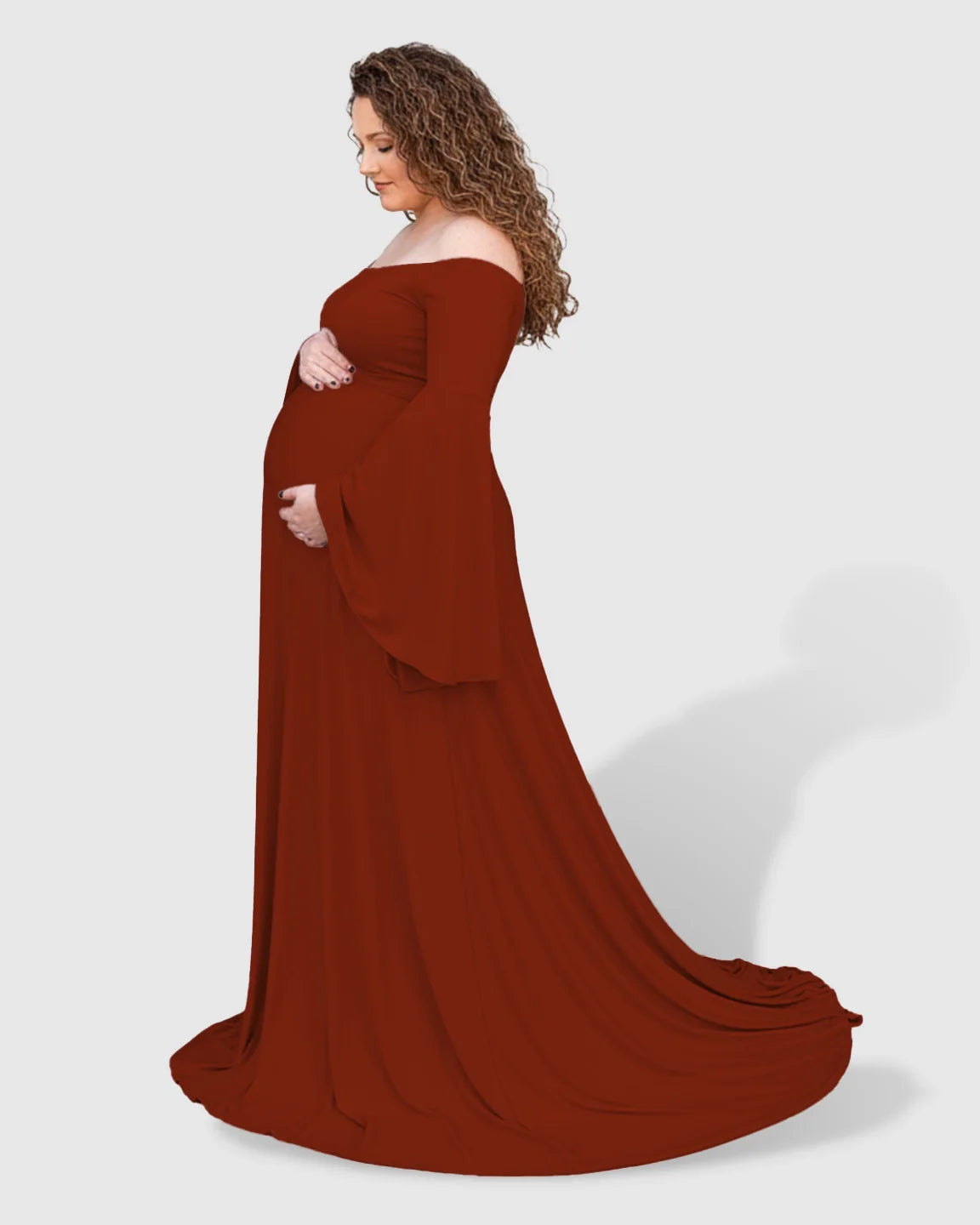 Bump Society – The Comfort Collection: Off-Shoulder Bell Sleeve Boho Maternity Photoshoot Maxi Dress