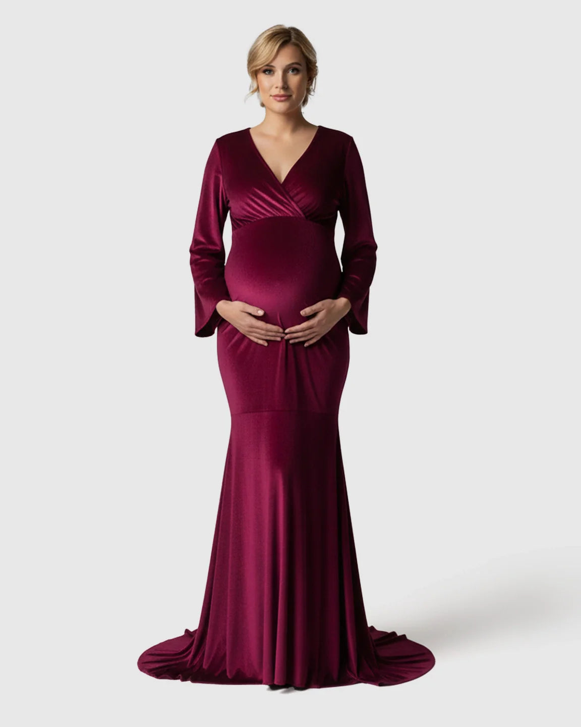 Bump Society – The Comfort Collection: Long-Sleeve Mermaid Train Maternity Photoshoot Gown