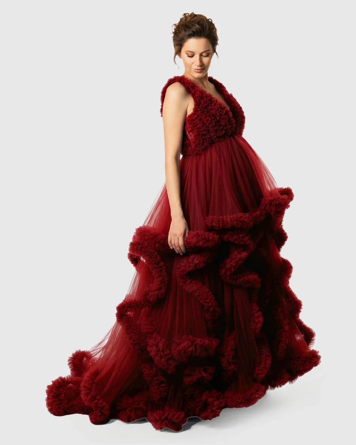Bump Society – The Comfort Collection: Ruffled Bodice Multi-Layer Mesh Pleats Maternity Gown