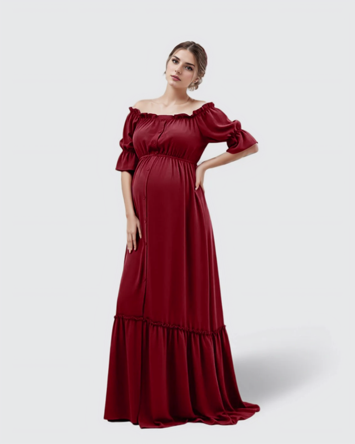 The Comfort Collection: Elegant Off-Shoulder Flared Maternity Long Dress