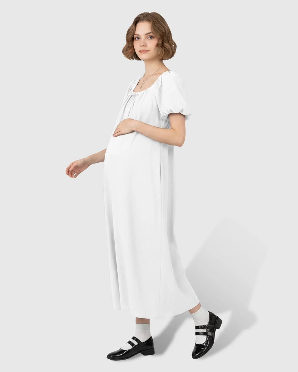 Bump Society – The Comfort Collection: Short Puff Sleeve Casual Maternity Maxi Dress