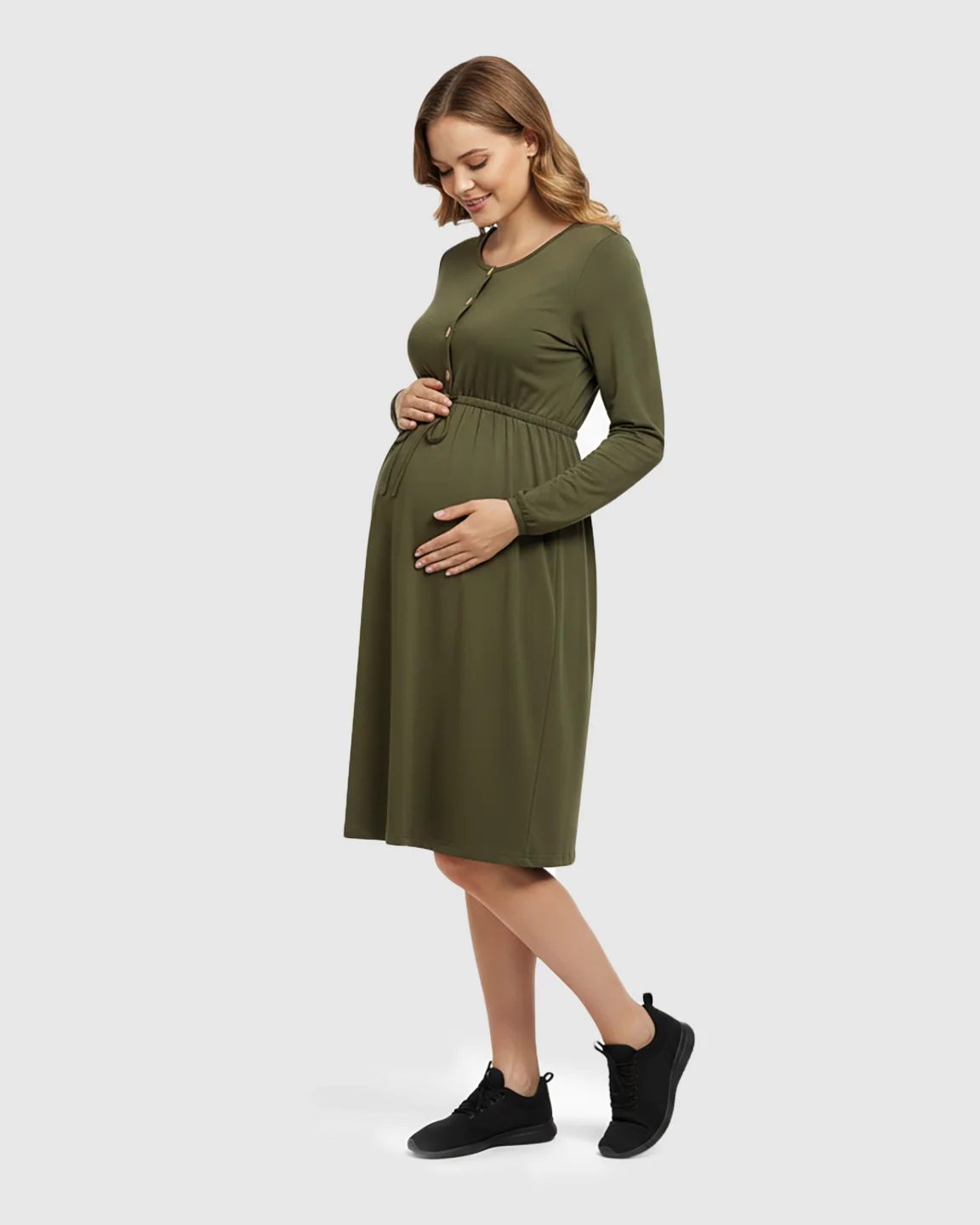 Bump Society – The Comfort Collection: Button-Front Drawstring Waist Maternity Dress
