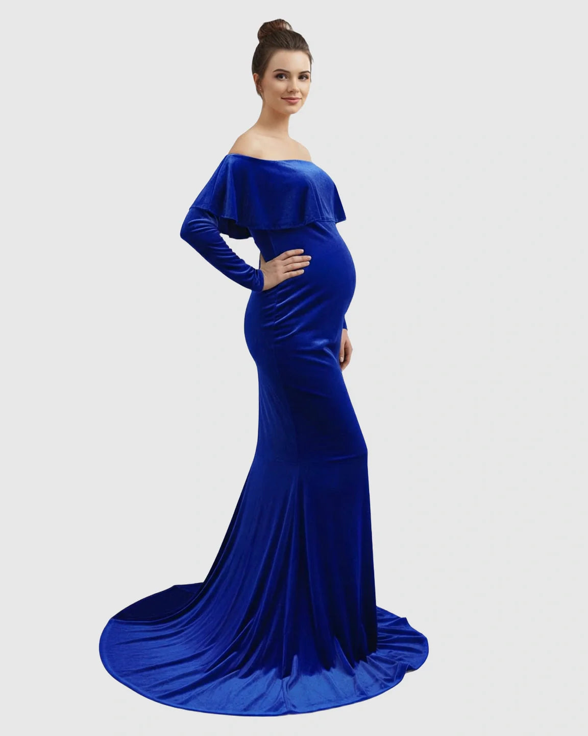 Elegant royal blue velvet off-shoulder maternity gown with a fitted silhouette and flowing train.