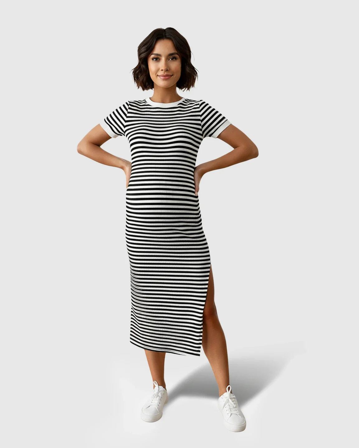 Maternity column dress: black and white striped, short-sleeved, side-slit, form-fitting, soft stretchy fabric.
