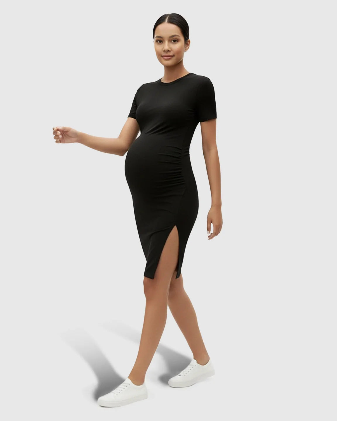 Bump Society – The Comfort Collection: Short Sleeve Bodycon Maternity Midi Dress with Side Slit