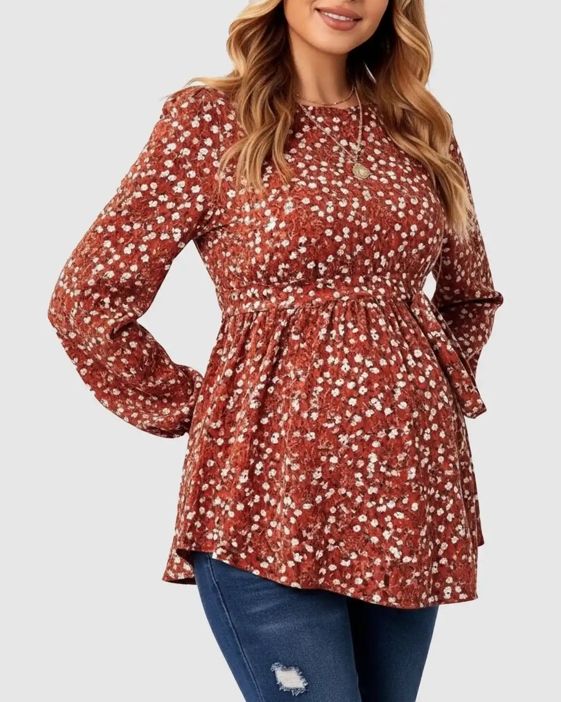 Bump Society – The Comfort Collection: Elegant Red Floral Ruffle Maternity Shirt
