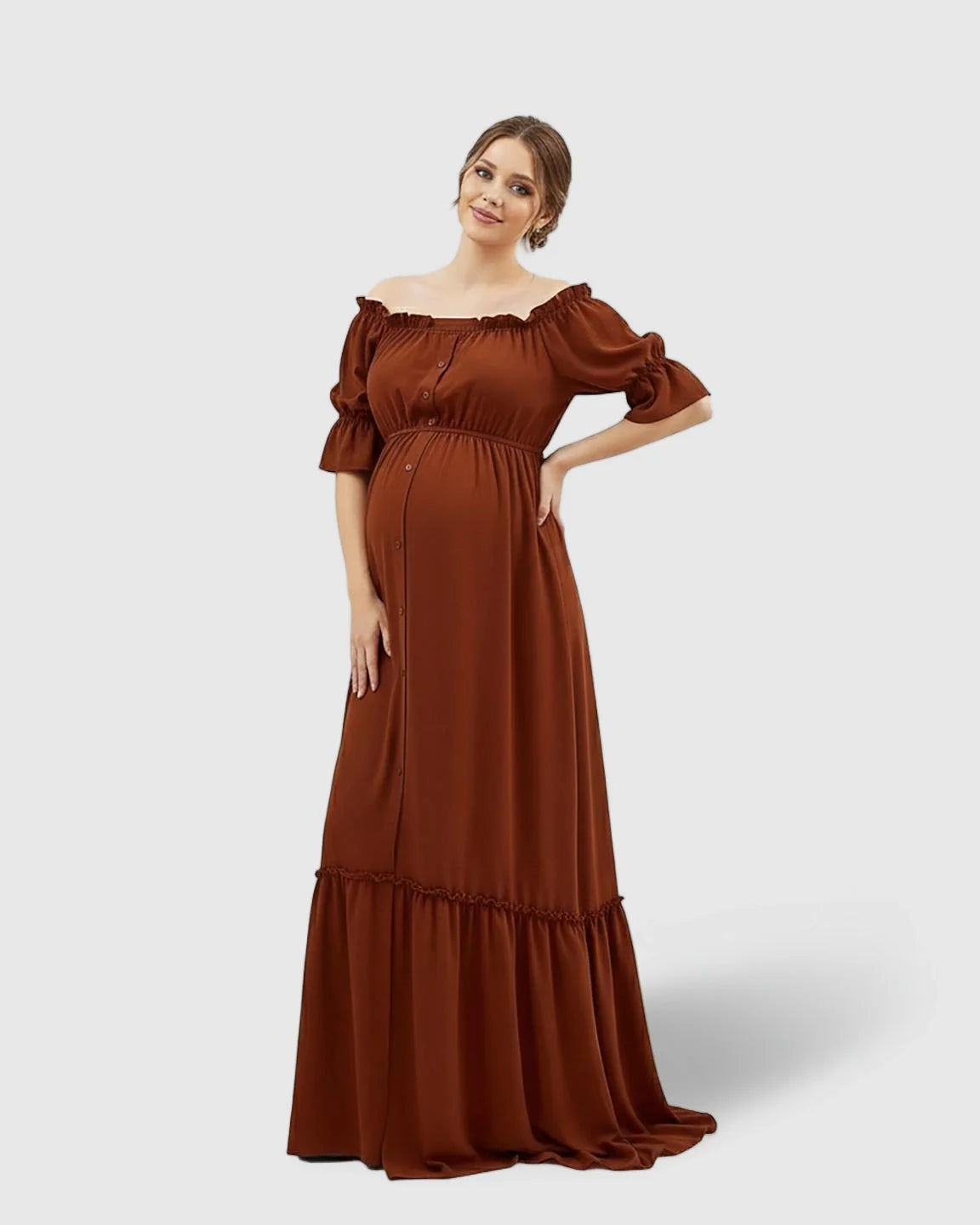 The Comfort Collection: Elegant Off-Shoulder Flared Maternity Long Dress