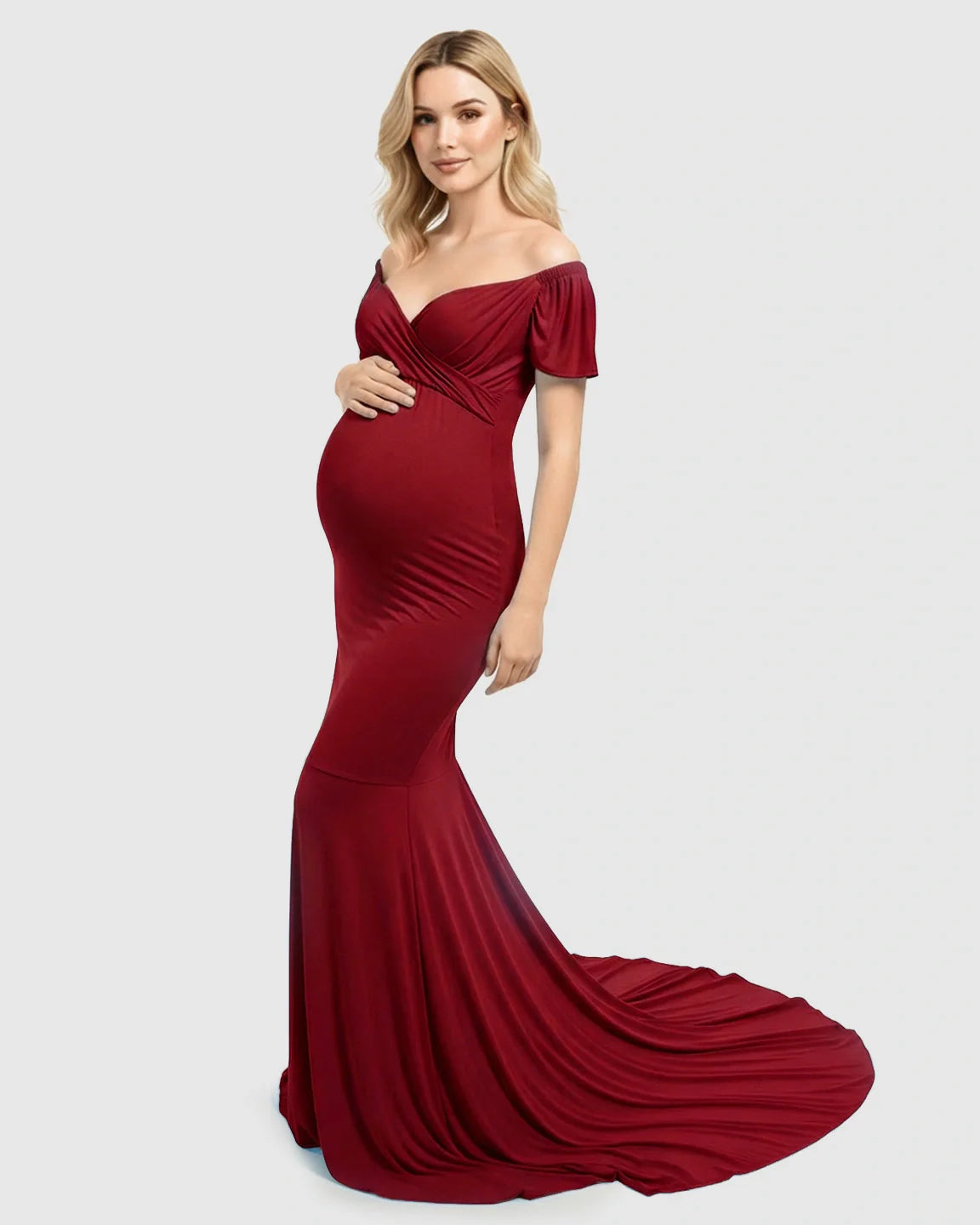 Bump Society – The Comfort Collection: Off-Shoulder Fitted Mermaid Style Maternity Photoshoot Gown