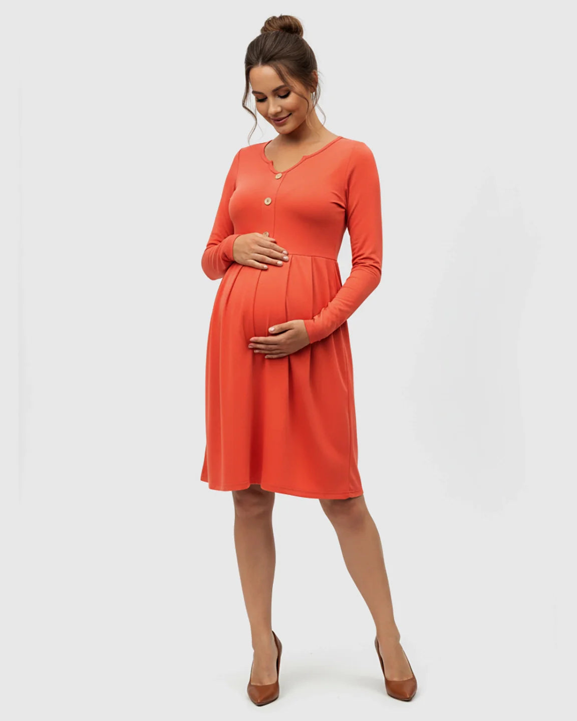 Bump Society – The Comfort Collection: Long Sleeve Button Detail Flared Maternity Dress