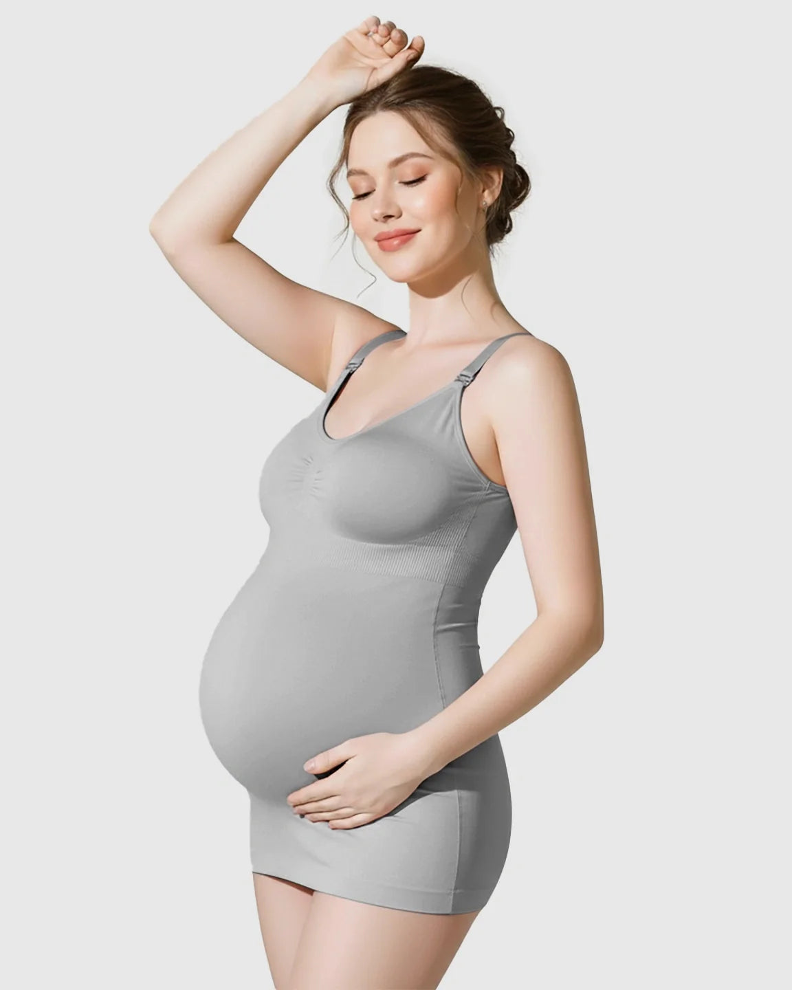 Pregnant woman in a light gray, soft stretch, wireless maternity nursing camisole.