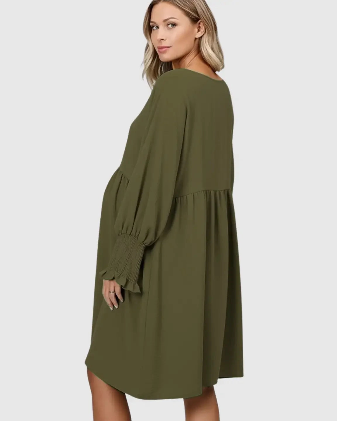 Olive green smocked sleeve maternity dress with a relaxed fit, round neckline, and three-quarter sleeves.