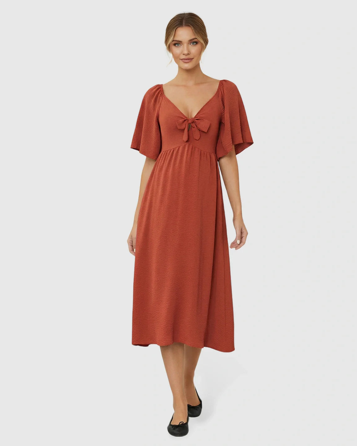 Bump Society – The Comfort Collection: Tie-Knot Front Swing Silhouette Maternity Midi Dress