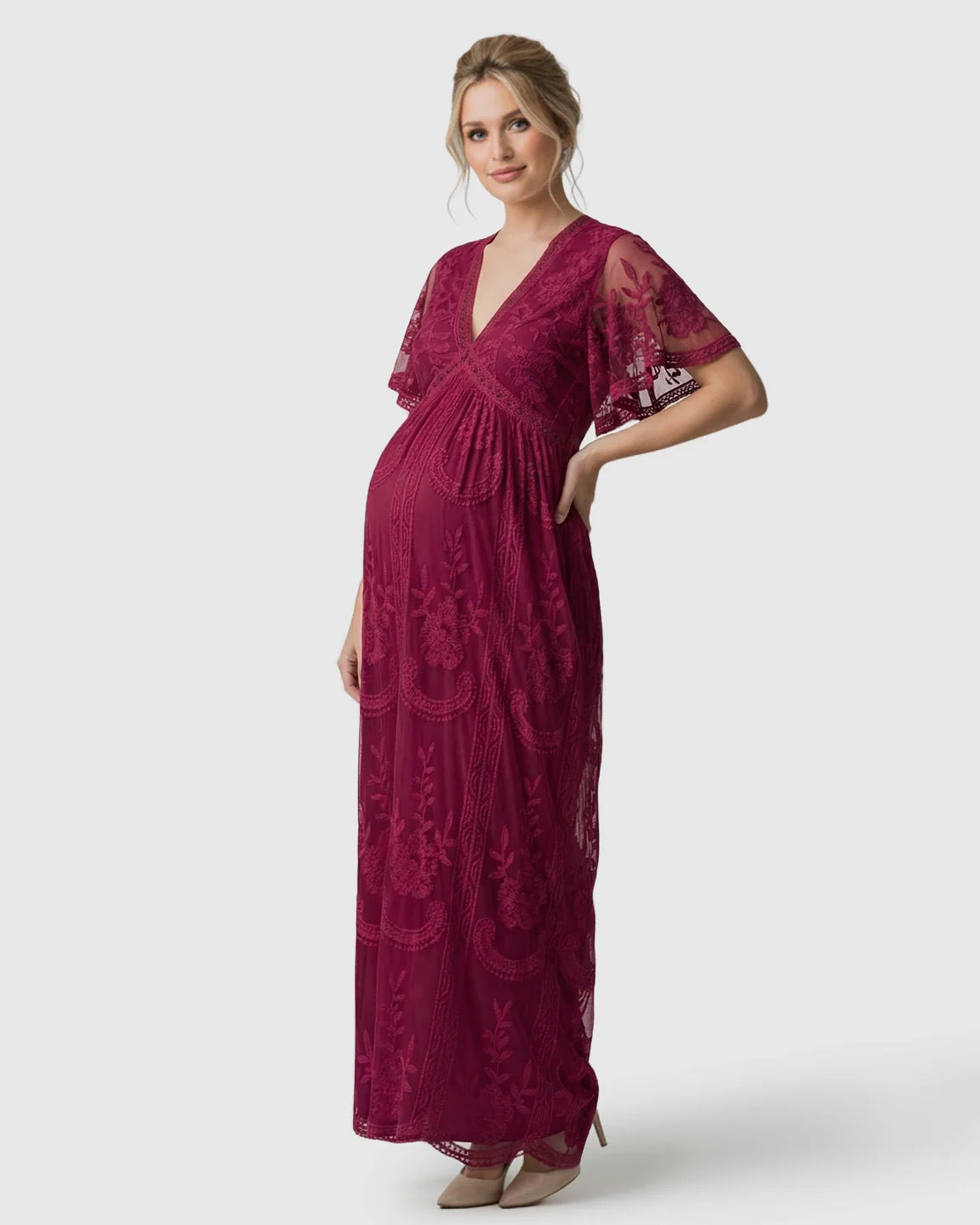 Bump Society – The Comfort Collection: Sheer-Lace Romantic Maternity Maxi Dress