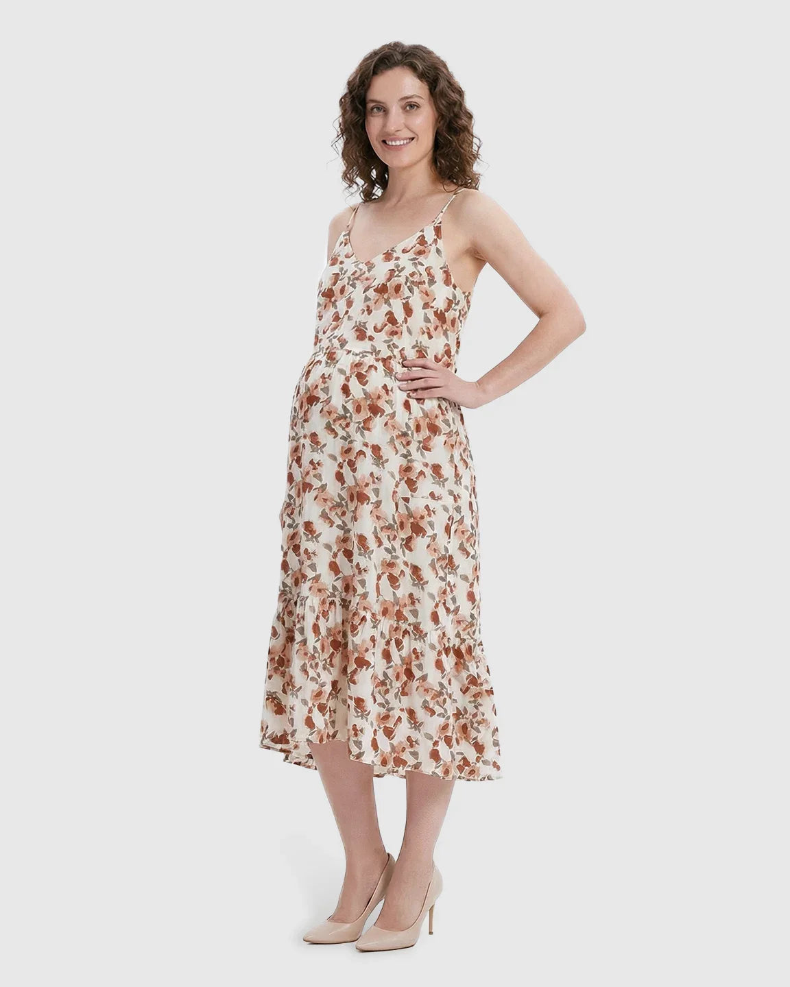 Bump Society – The Comfort Collection: Spaghetti Strap Floral Tiered Maternity Midi Dress
