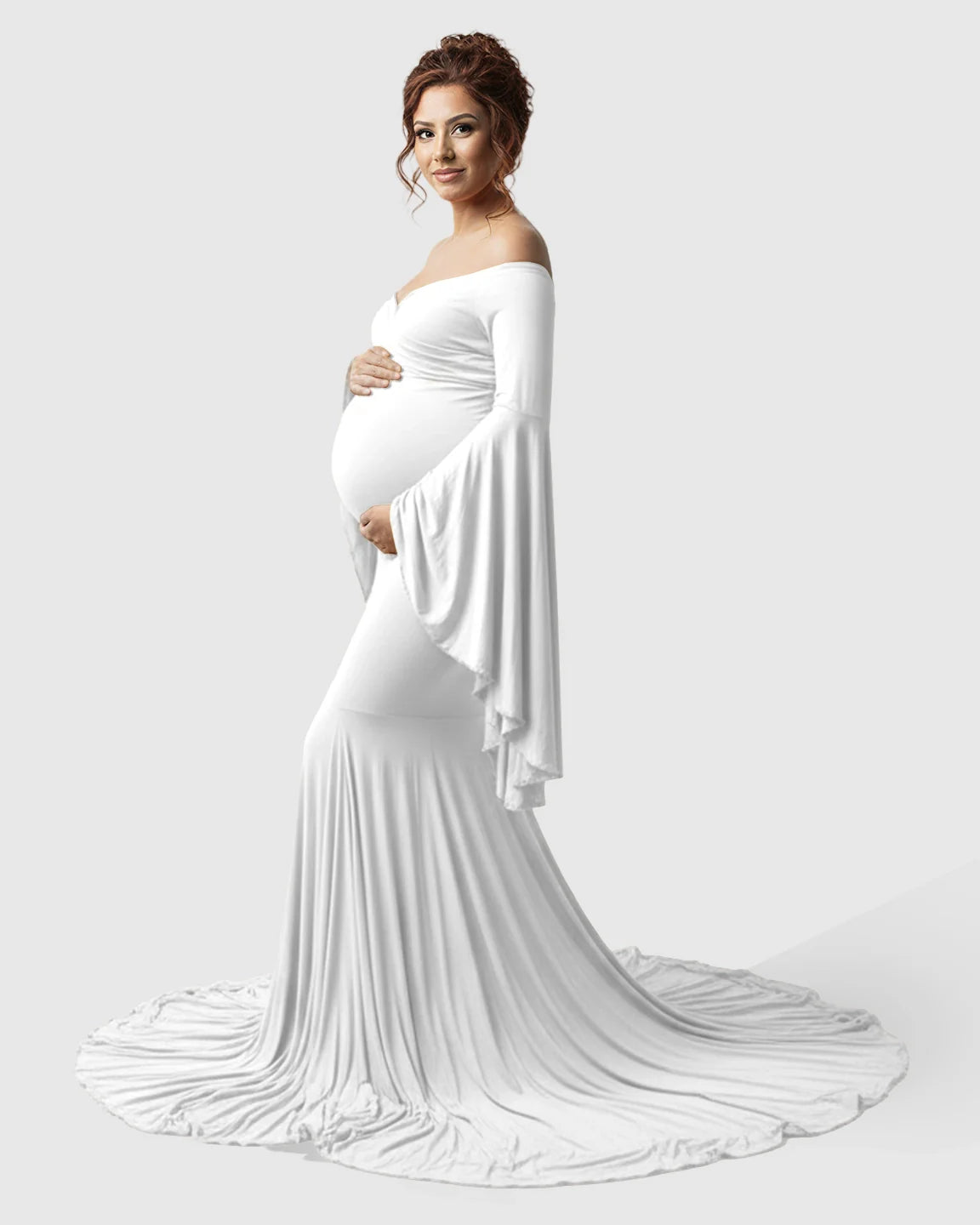 Bump Society – The Comfort Collection: Flared Sleeve Fishtail Train Maternity Photoshoot Dress