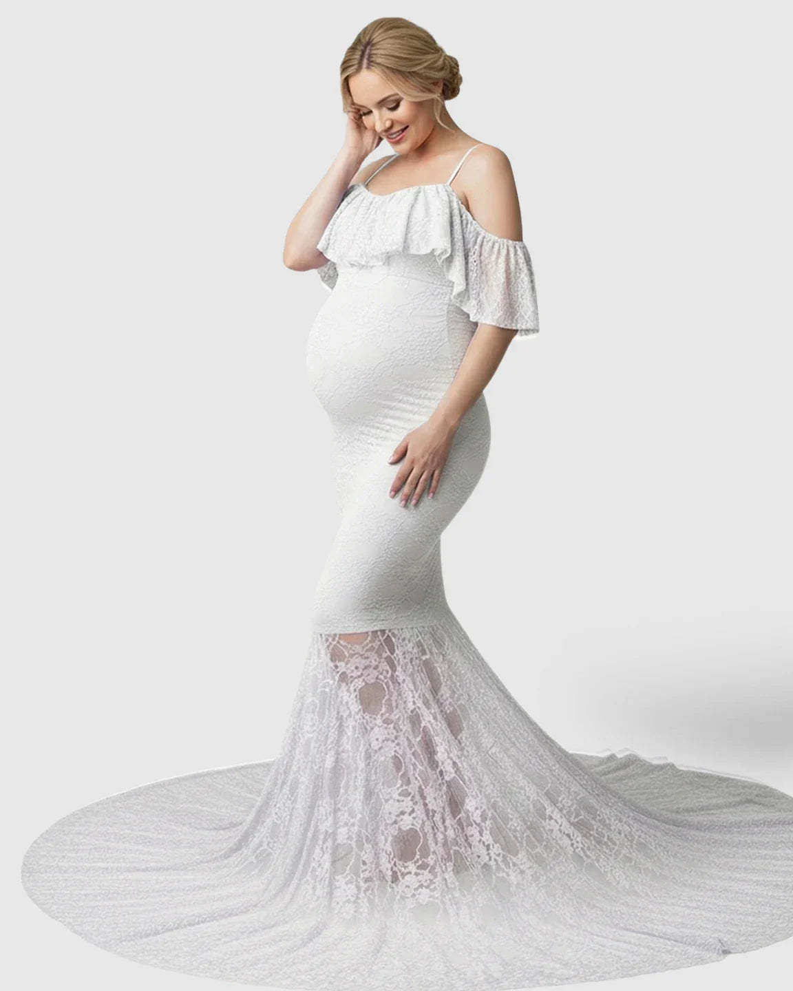 Bump Society – The Comfort Collection: Off-Shoulder Lace Mermaid Maternity Gown