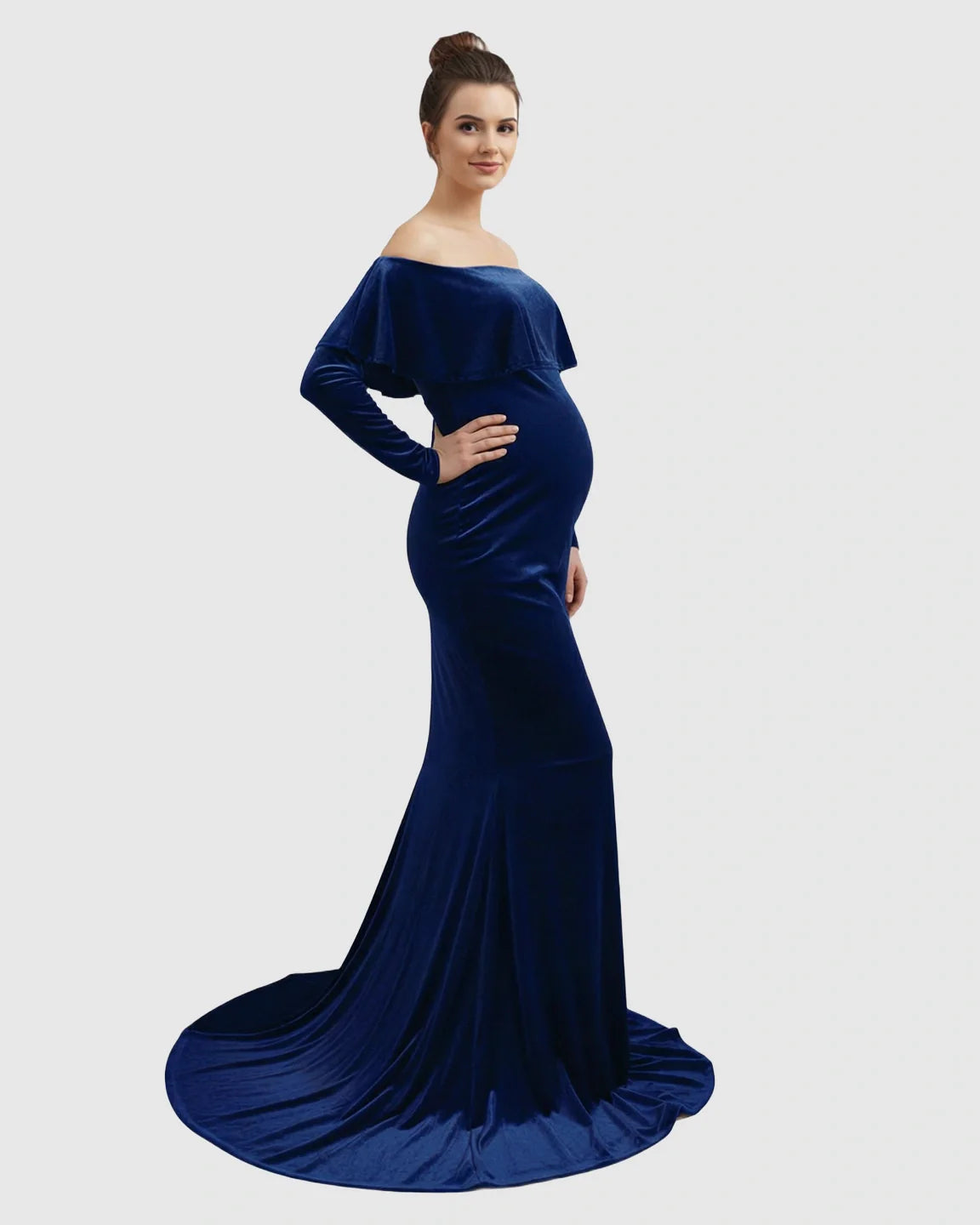 Elegant navy velvet off-shoulder maternity gown with long sleeves, fitted silhouette, and flowing train.