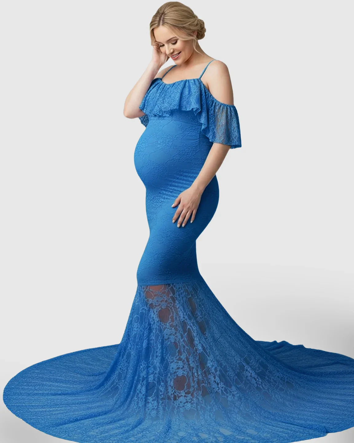 Bump Society – The Comfort Collection: Off-Shoulder Lace Mermaid Maternity Gown