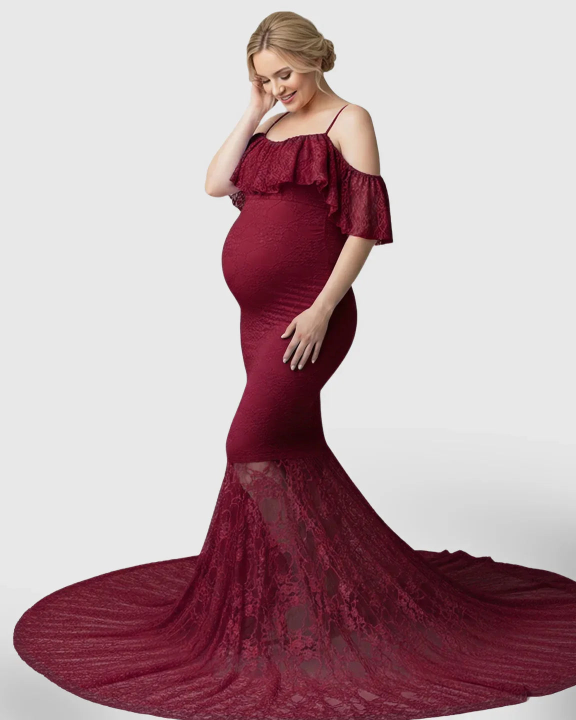 Bump Society – The Comfort Collection: Off-Shoulder Lace Mermaid Maternity Gown