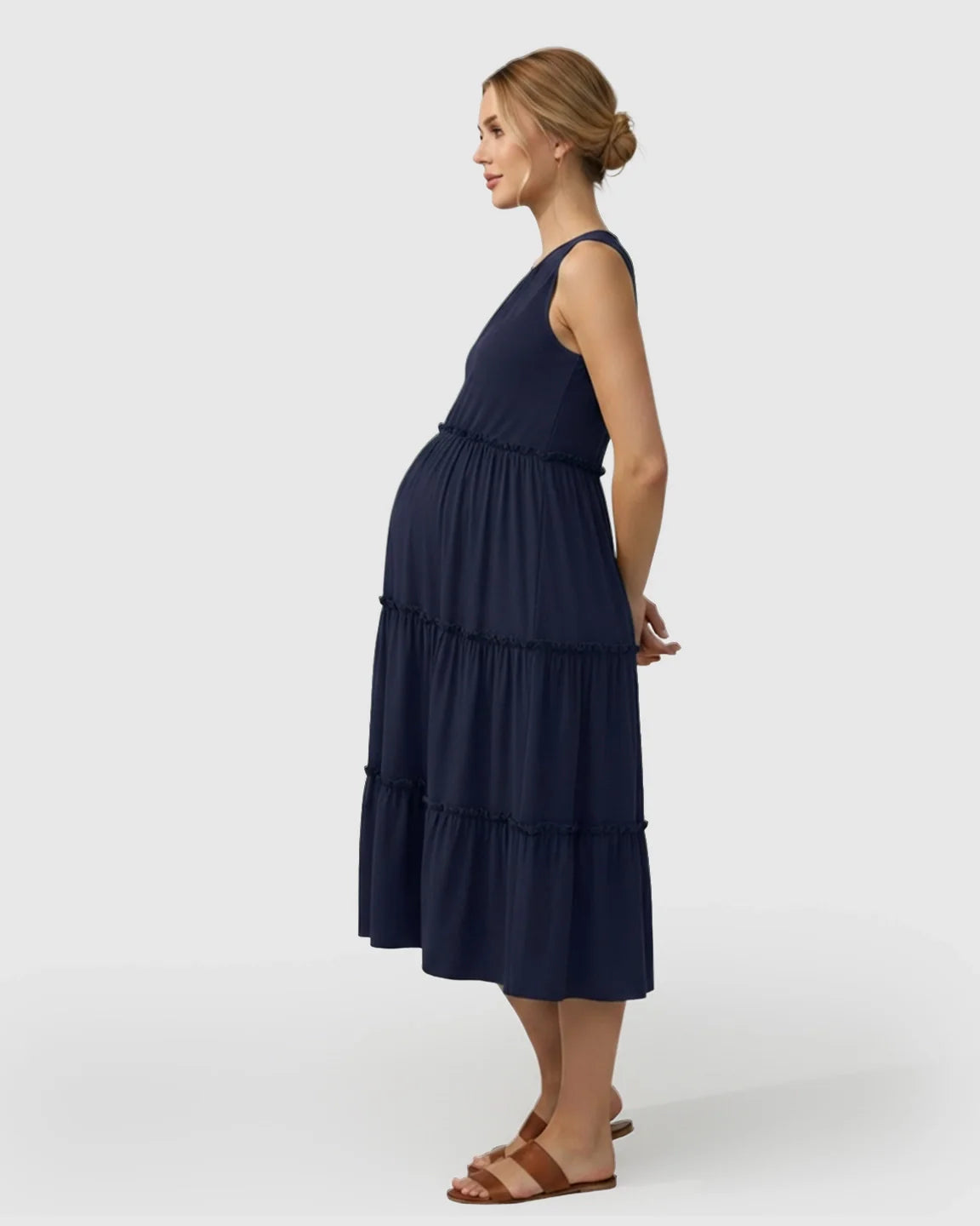 Bump Society – The Comfort Collection: Tiered Ruffle Skirt Casual Maternity Midi Dress