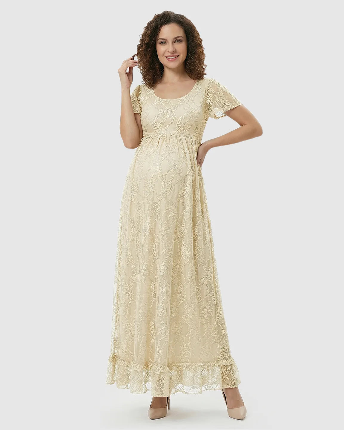 Bump Society – The Comfort Collection: Ruffled Hem Floral Lace Maternity Photoshoot Dress