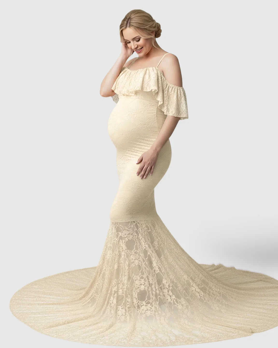 Bump Society – The Comfort Collection: Off-Shoulder Lace Mermaid Maternity Gown