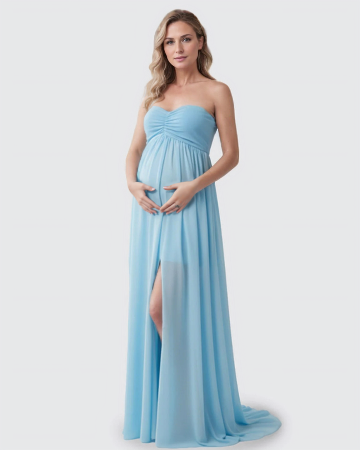 Bump Society – The Comfort Collection: Strapless Chiffon Train Maternity Gown