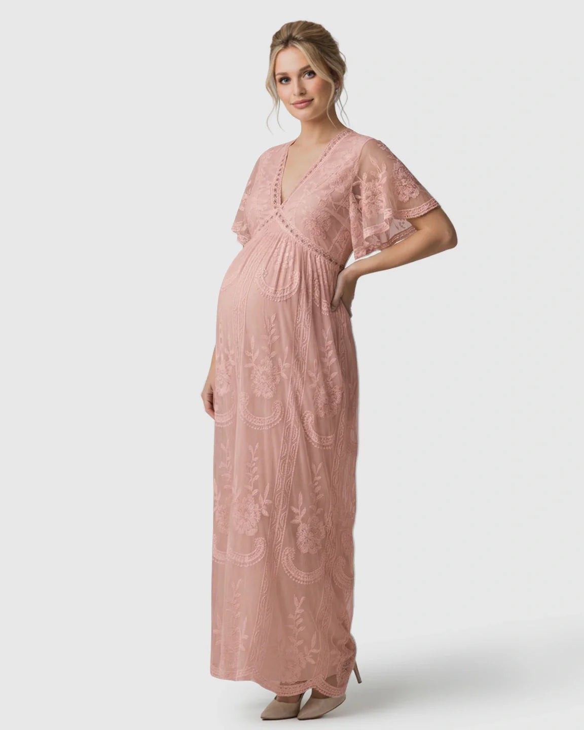 Bump Society – The Comfort Collection: Sheer-Lace Romantic Maternity Maxi Dress