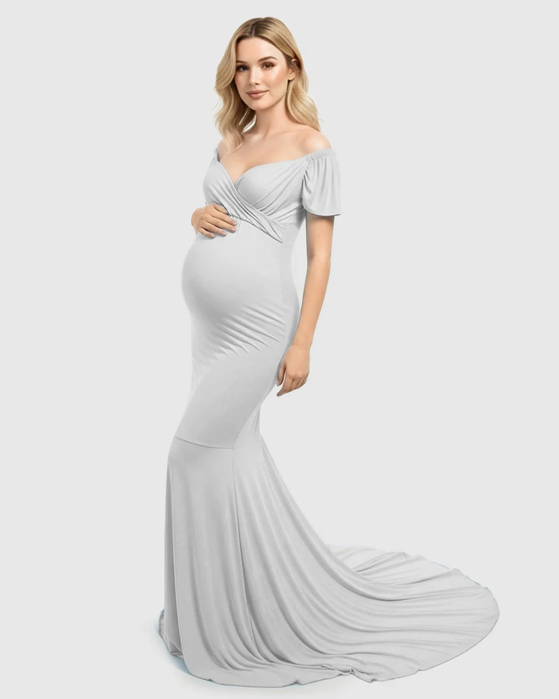 Bump Society – The Comfort Collection: Off-Shoulder Fitted Mermaid Style Maternity Photoshoot Gown